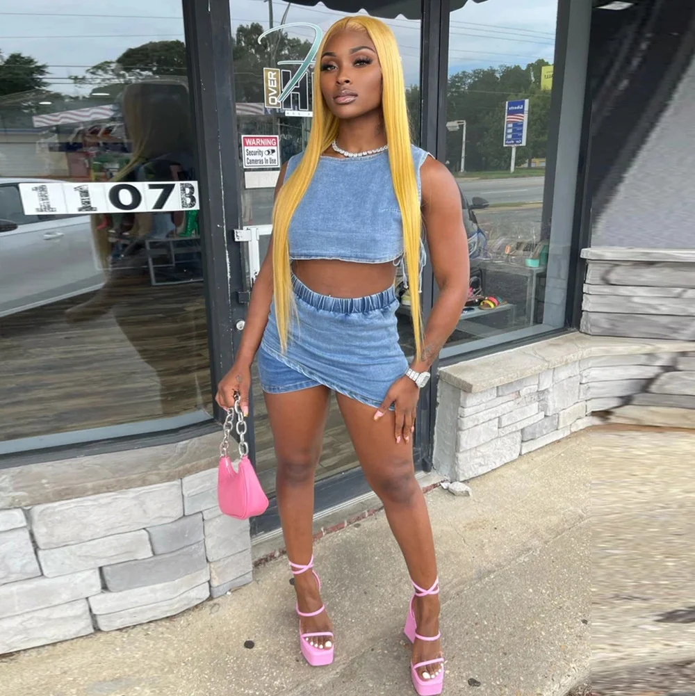 

Sexy Denim Vest And ort Skirt Elastic Two-Piece Set New Arrival Women's Faion Casual Wear Comfortable Breathable Autumn C...