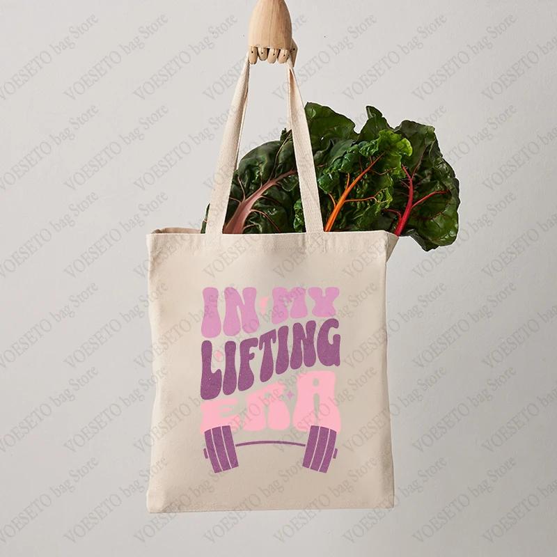 In My Lifting Era Pattern Handbag Sport Element Casual Canvas Shoulder Bag Foldable Large Capacity Shopping Handbag