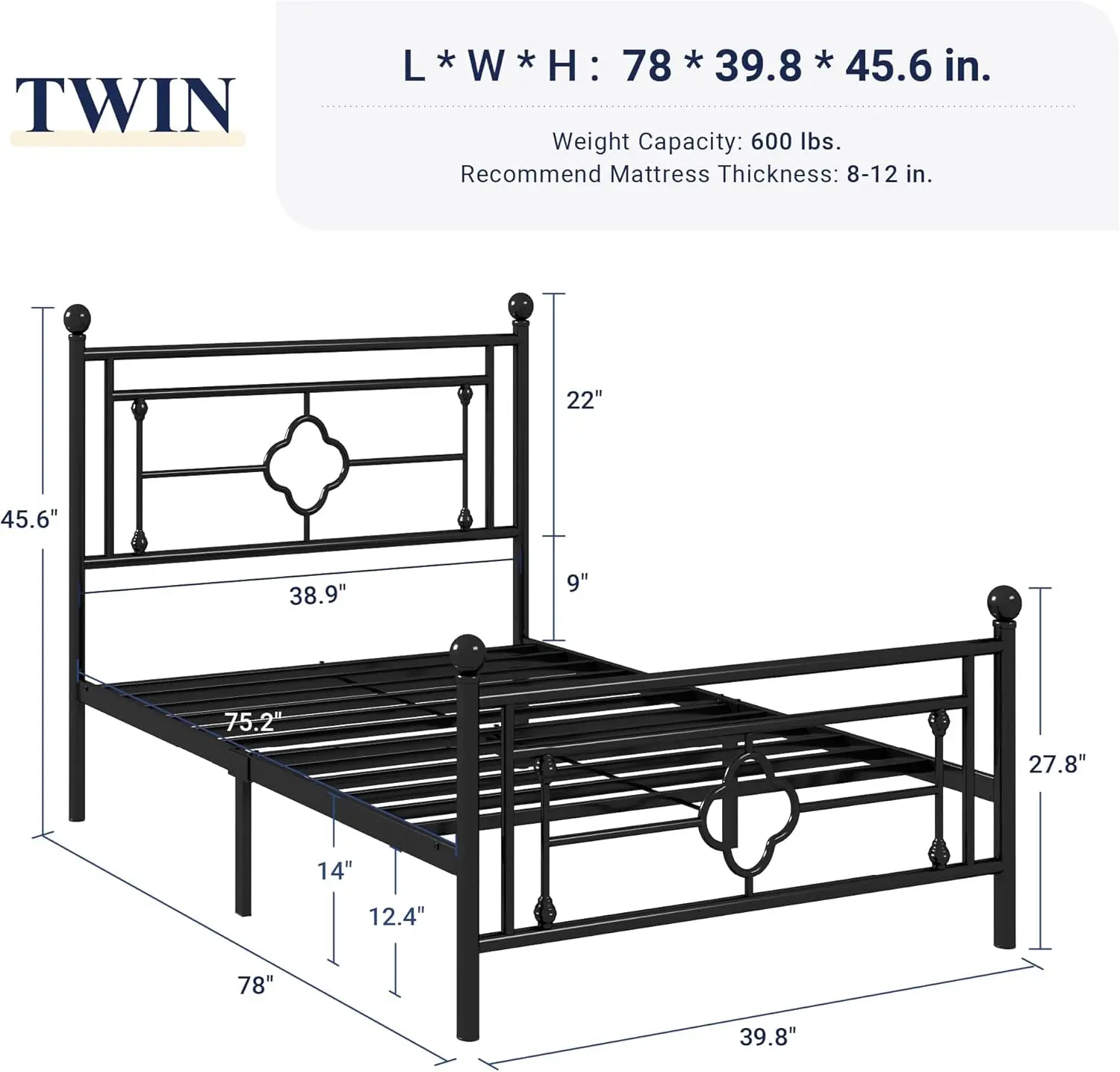 Allewie Twin Size Metal Platform Bed Frame with Victorian Vintage Headboard and Footboard/Mattress Foundation/Under Bed Storage/