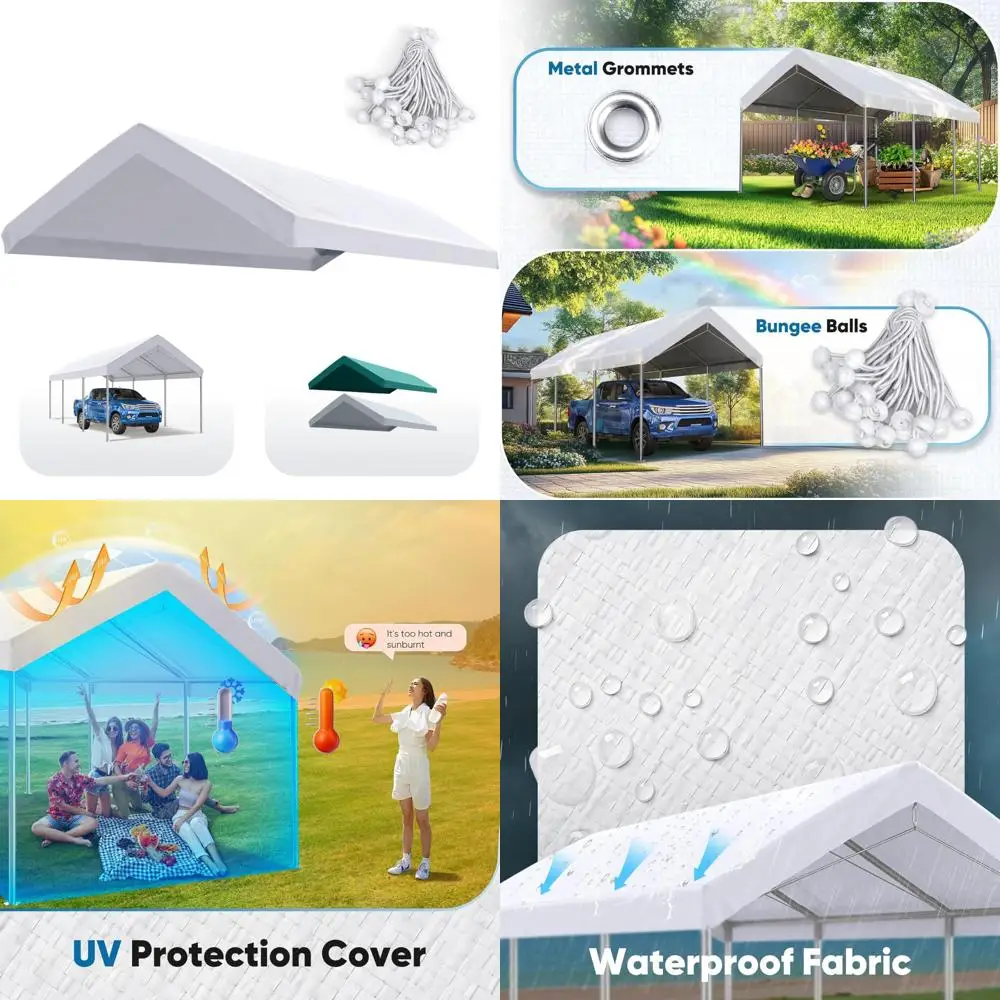 

10x20 ft Carport Replacement Tarp Canopy Top Cover with Edge Bungees Balls for Garage Party Tent Shelter - White