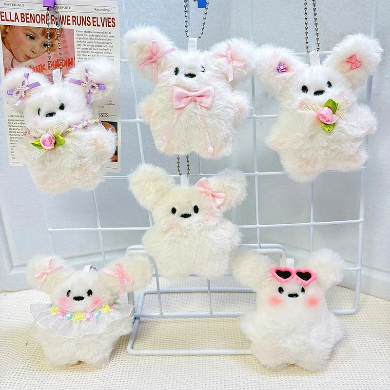 Bowknot Puppy Plush Pendant Cartoon Sunglasses Dog Doll Keychain Car Key Ring Backpack Bag Decor