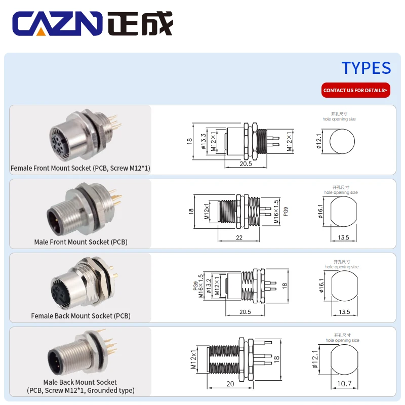 M12 PCB Type Panel Mount Socket Male Female 2 3 4 5 6 8 12 17Pins A B D Code Waterproof IP67 Female Male Socket