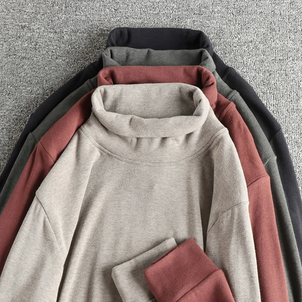 

Knitted fleece fabric high collar men's long-sleeved T-shirt soft and waxy warm and comfortable casual bottoming shirt