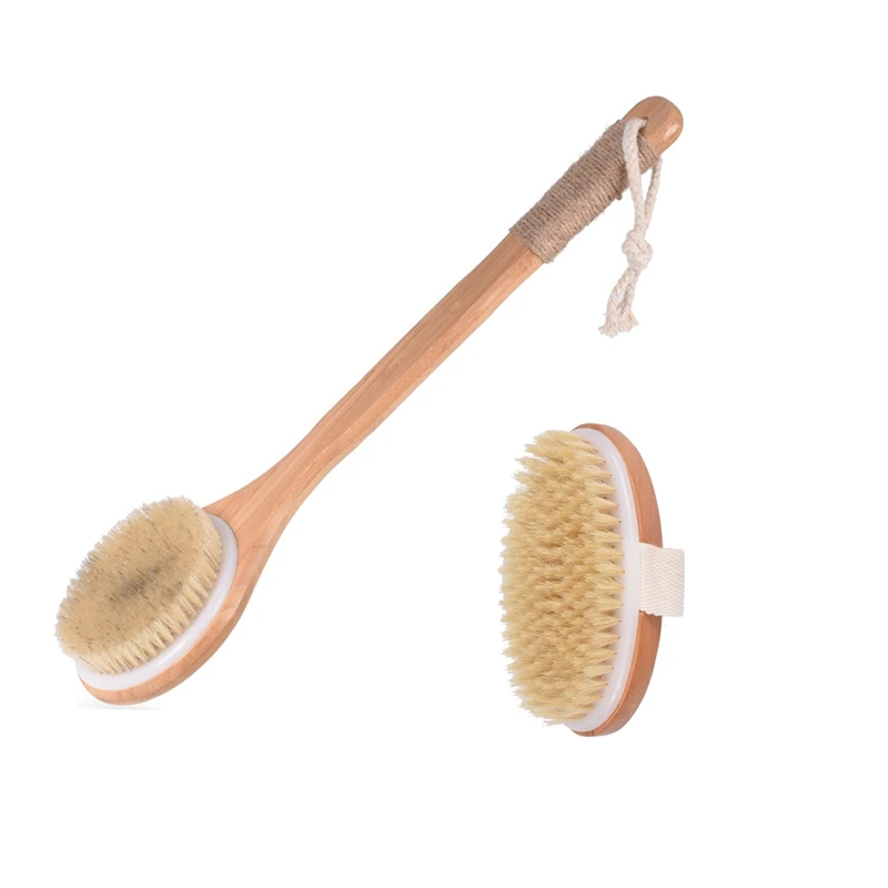 Wooden Bath Brush Set Of 2,Bristle Bath Brush Body Massage Dry Brush Exfoliating Long Handle Wood Body Shower Brush