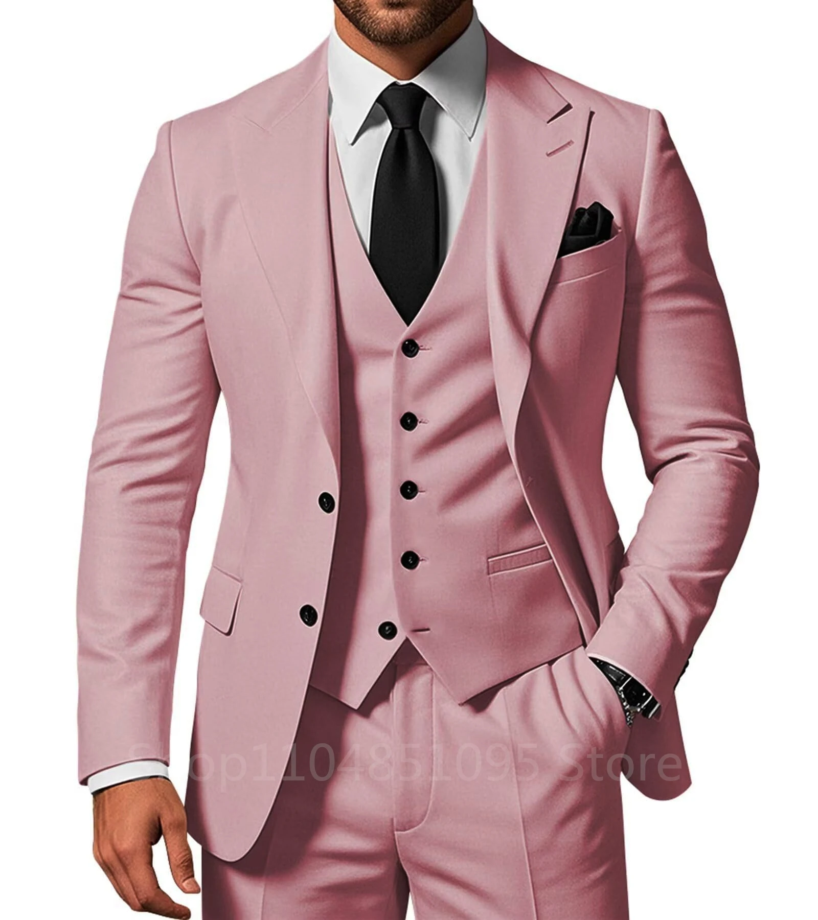 NONE 3-teiliges, solides Hochzeits-Herrenanzug, formeller Bräutigam, Smoking, Abschlussball, Party, männliche Anzüge, modisches Herren-Kleidungsset, spitzes Revers, Jacke, Hose, Weste 5