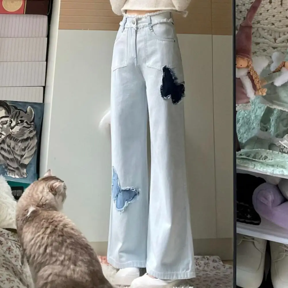 

Women Jeans High Waist Zipper Button Closure Solid Color Ripped Wide Leg Retro Soft Colorfast Lady Full Length Denim Pants