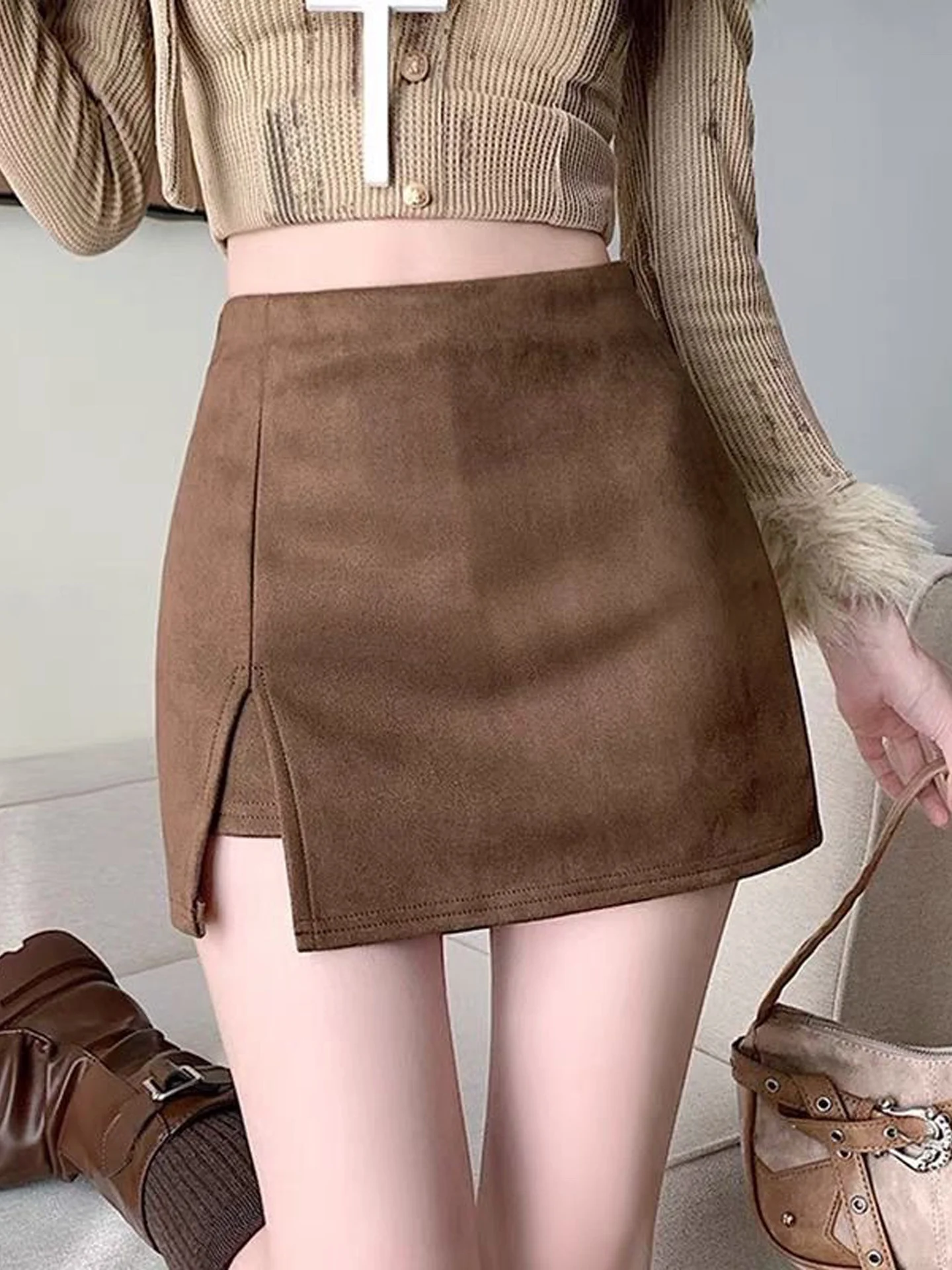 High Waist Asymmetrical Skirt Women's New 2026 Fall Deer Skin Velvet Wrap Body Slimming A-Line  Skirt Short Pants