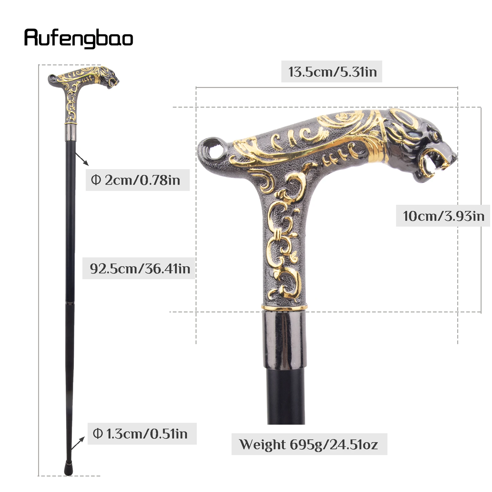 Golden Black Leopard with Tail Fashion Walking Stick for Party Decorative Walking Cane Elegant Crosier Knob Walking Stick 93cm