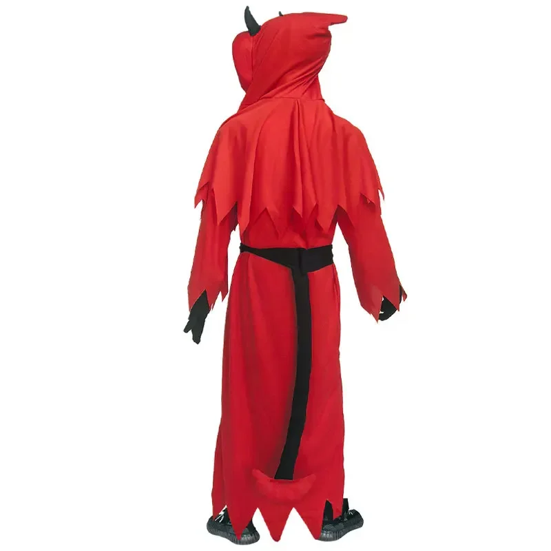 4PCS/SET Halloween Party & Festival DIY Decoration Polyester Red Devil Hooded Robe Set With Horn Headpiece Belt Tail Masquerade