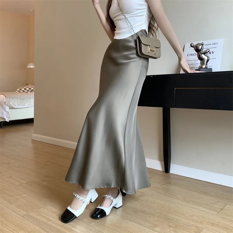 Style coréen décontracté été rouge Satin queue de poisson jupe pour les femmes taille haute mince élégant Maxi trompette dame