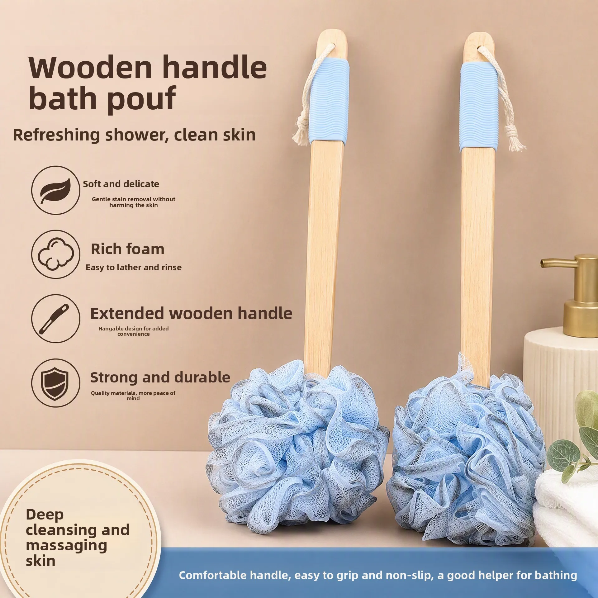 Wooden Handle Bath Brush Long Handle Non Slip Shower Scrubber Back Scrubber Loofah for Body Cleaning Tool