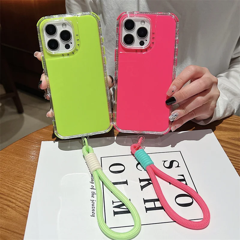 3IN1 Per iPhone 11 12 13 14 15 16 Pro Max XR XS Max 7 8 Plus Trasparente Colore Della Caramella Militare Con Cordino Antiurto Cassa Del Telefono