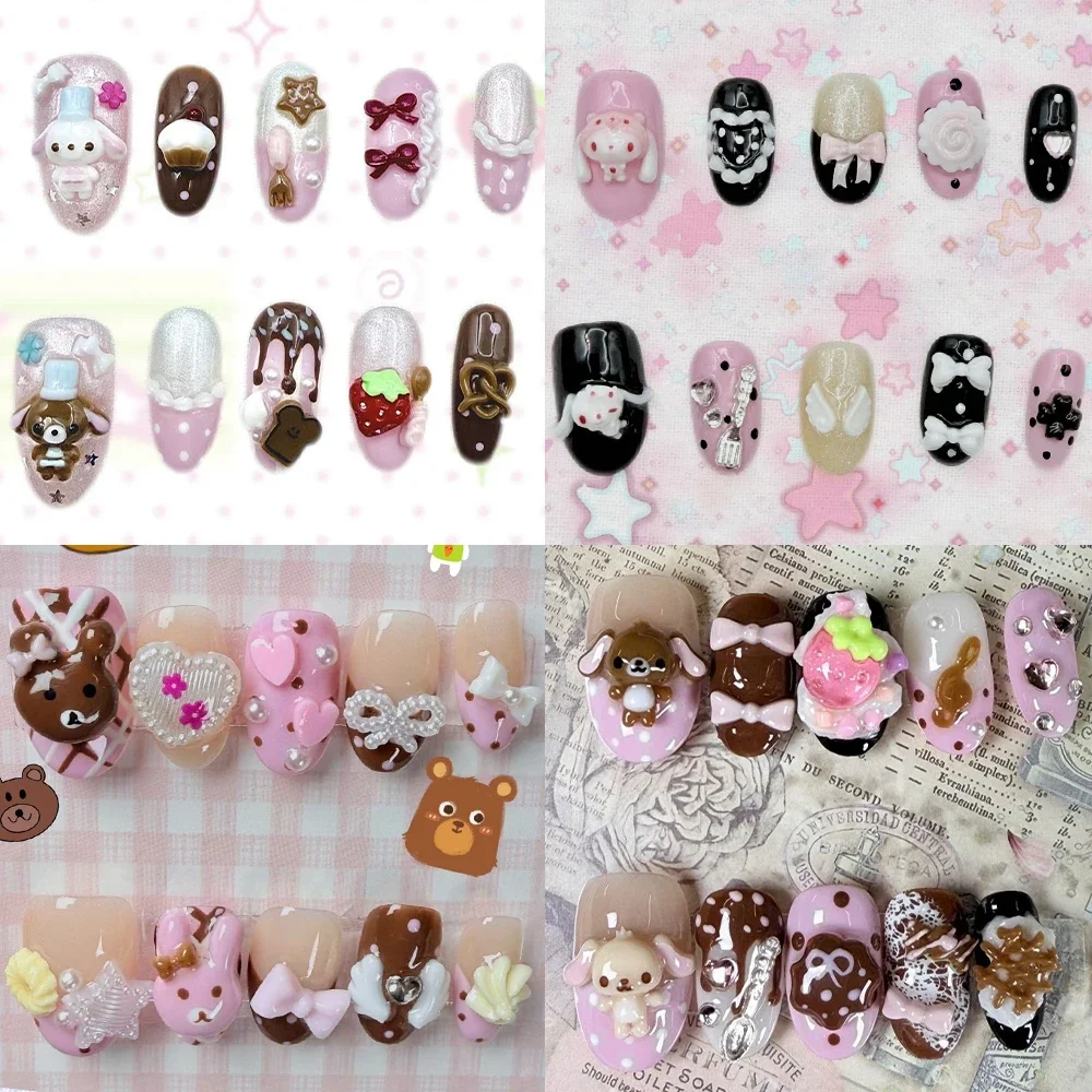 

10Pcs Kawaii 3D Anime Rilakkuma Rabbit Handmande Press On Nails Bowknot Pearl Strawberry Pearl Biscuit Chocolate False Nails