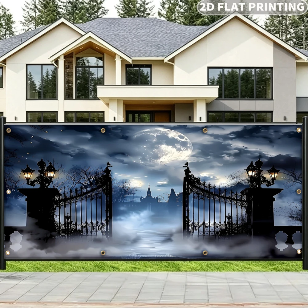 1 pièce, écran de protection et d'intimité pour jardin, motif Porte Gothique 2D PLAT Scène Nuit Clair de Lune, bannière décorative en polyester, idéal pour le jardin