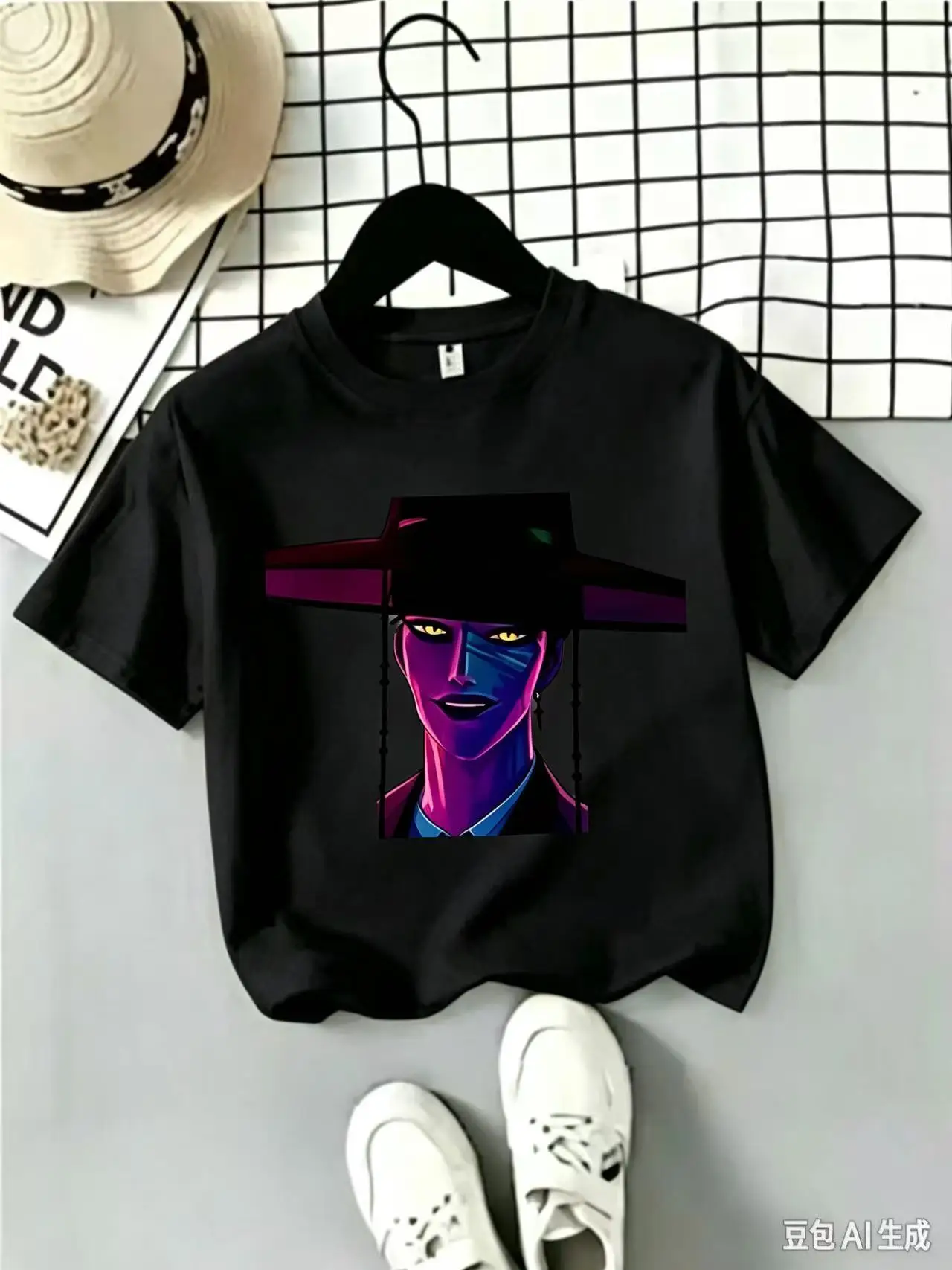 Gothic cartoon print T-shirt, unisex, loose-fitting round-neck short-sleeve streetwear T-shirt.