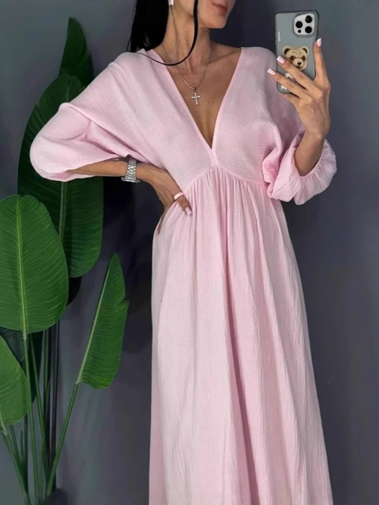 Doce relaxado cintura gravata cor sólida maxi vestido profundo decote em v puff manga curta aberto volta vestidos flowy em camadas longo vestido feminino