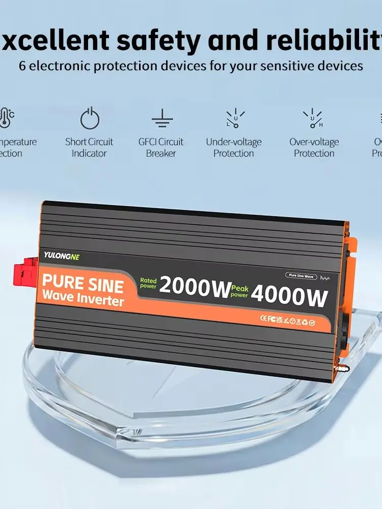YULONGNE Sinus-Wechselrichter 2000W, 4000W (Spitzenleistung) DC 12V/24V zu AC 230V Stromwandler mit USB Typ-C, kabelgebundener Fernbedienung, Hochleistungs-Batteriekabeln, Sicherungen, für Auto, LKW,