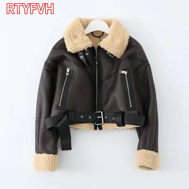 Women Fashion Thick Warm Faux Shearling Jacket Coat Vintage Long Sleeve Belt Hem Female Outerwear Chic Tops