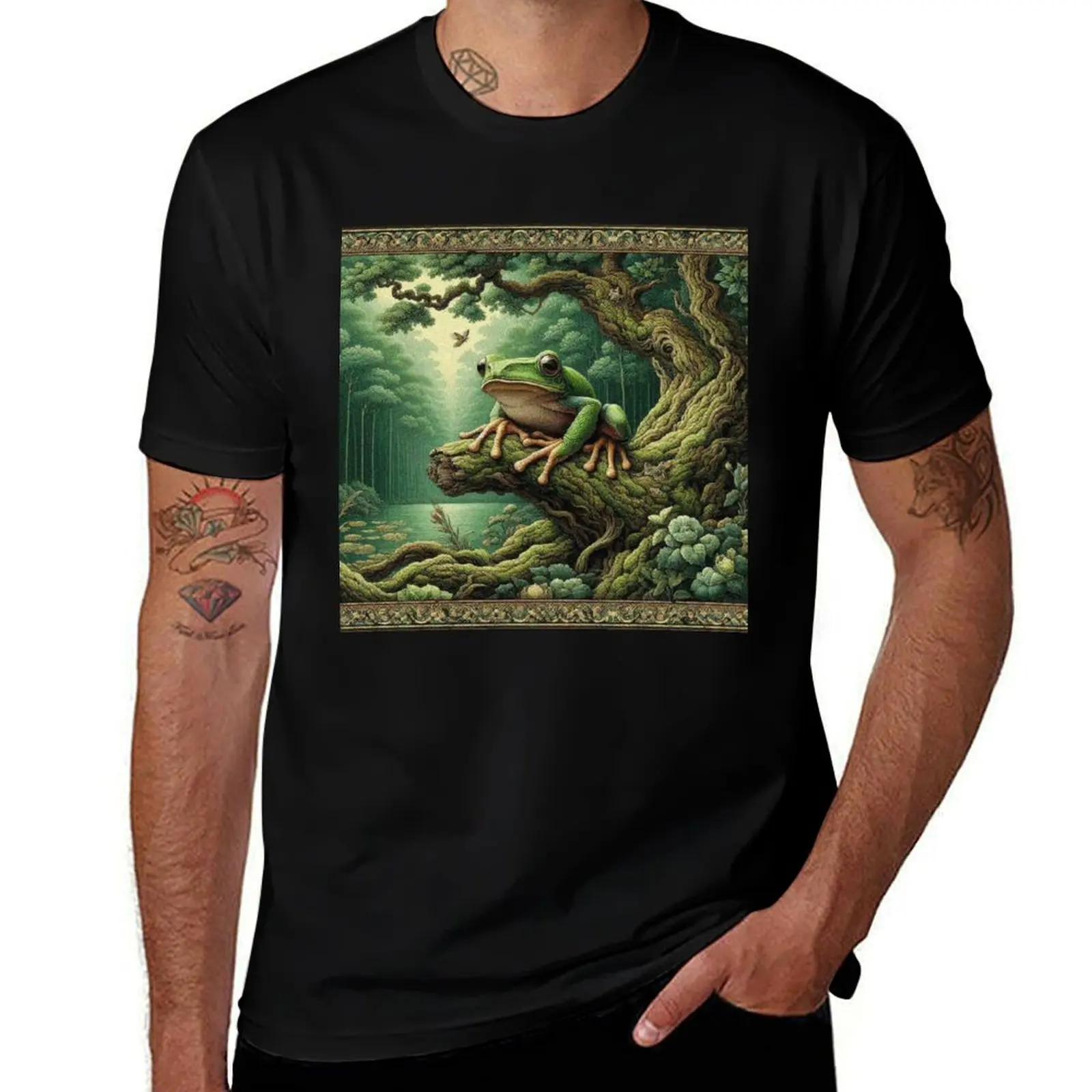 

Green Tree Frog in the Forest T-Shirt sports fans blanks anime stuff Men's t-shirts