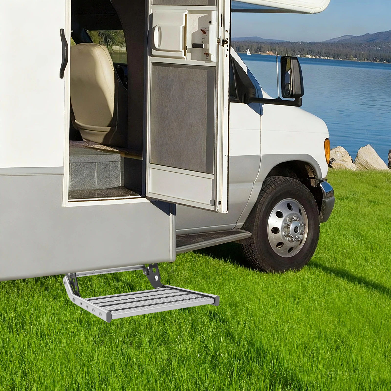

Folding RV Camper Step Manual RV Stair with LED Light Aluminum Alloy single-tier Step 330.69lbs Load Bearing
