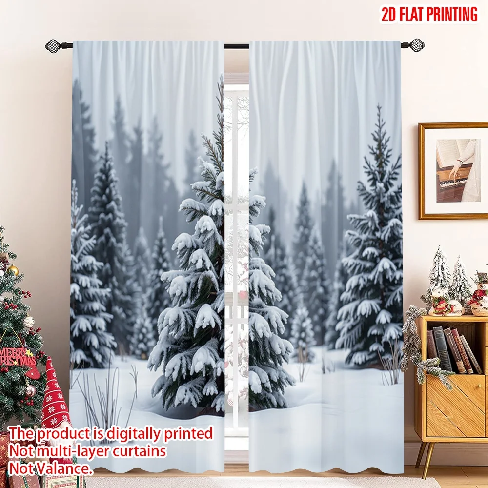

2pcs 2D flat printing Merry Christmas Popular Party Window Curtains Snowy Forest Christmas Tree Holiday 100% Polyester Without