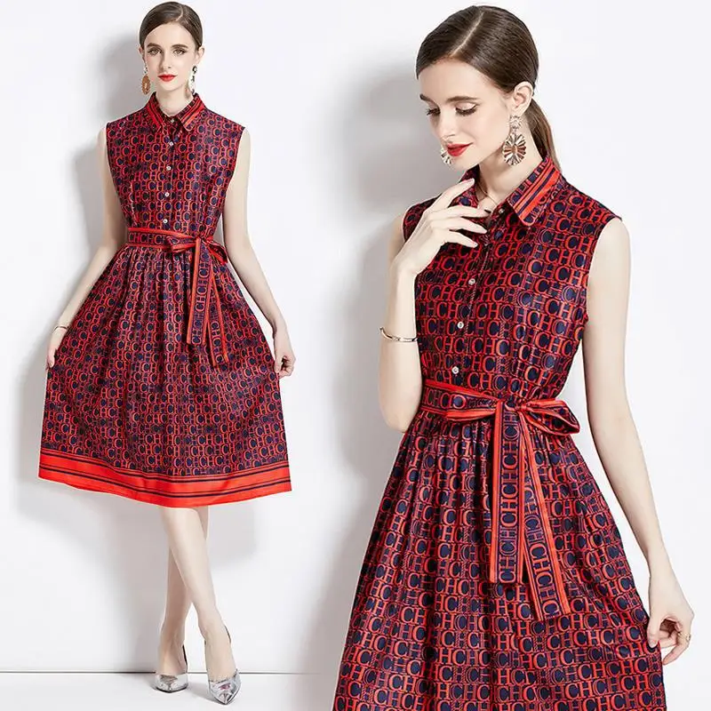 CH Womens Monogram Print Sleeveless Collared Shirt Dress Belted Waist Contrast Hem Flared Midi Dress Retro Elegant Office Wear