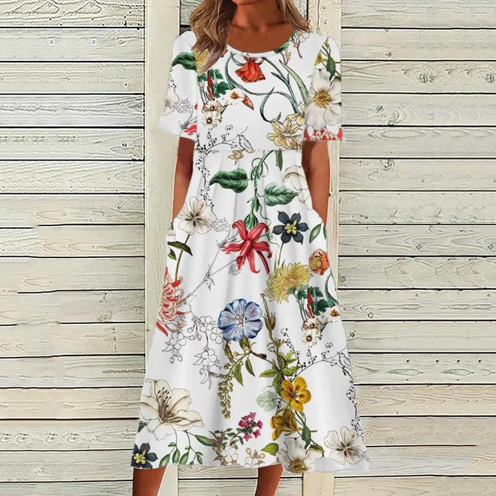 

New Women Summer Casual Print Round Neck Short Sleeve Loose Dress Bohemian Summer Beach Dress With Pocket 2024