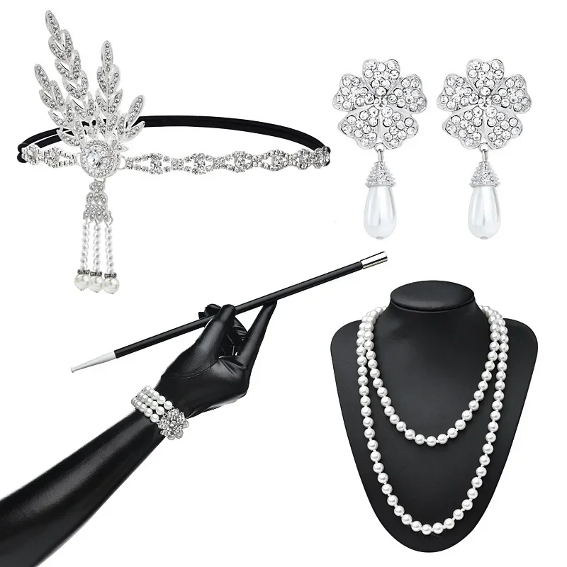 

1920s Flapper Headband Silver Rhinestone Leaf Headband Necklace Long Smoke Rod Glove Earrings Bracelet Set Party Prom Wedding