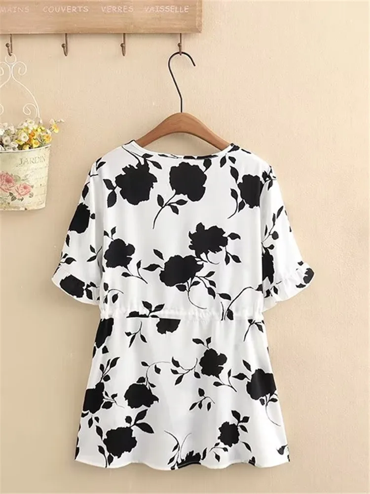 Plus Size Women Clothing Summer V-Neck Non-Stretch Floral Print Short Sleeve Top Printed Shirt With Adjustable Waist XL-4XL