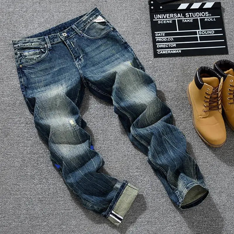 Vaqueros de estilo coreano a la moda para hombre, tubo recto pequeño ajustado, estilo retro vintage, pantalones vaqueros lavados fluidos