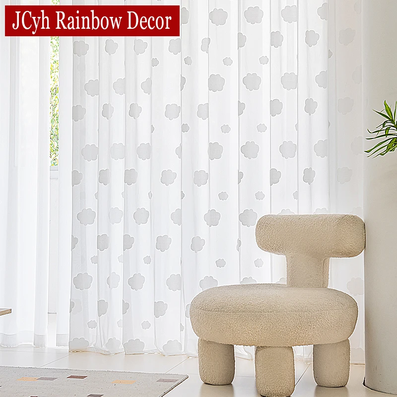 Rideaux transparents blancs de nuage 3D pour le salon, rideau de Tyys pour des fenêtres, chambre d'enfants, broderie de panneau à motifs de bande dessinée
