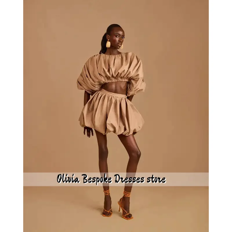 Beautiful Khaki Two-Piece Mini Dress with Pleated Taffeta Crop Top and Bubble Skirt Set, 2 Pieces, Suitable for Cocktail Parties