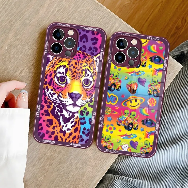 Lisa Frank Art Phone Case Purple Green Glass For IPhone 13 14 12 11 Pro Max Plus Mini X XR 8 7 6s SE2020 Cover