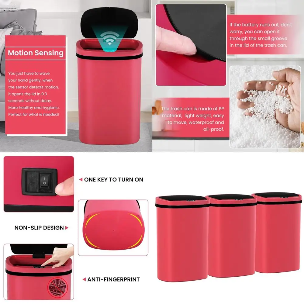 

50-литровый автоматический бесконтактный мусорный бак с датчиком движения, вместительная корзина для кухни, ванной комнаты и спальни (3, красный)
