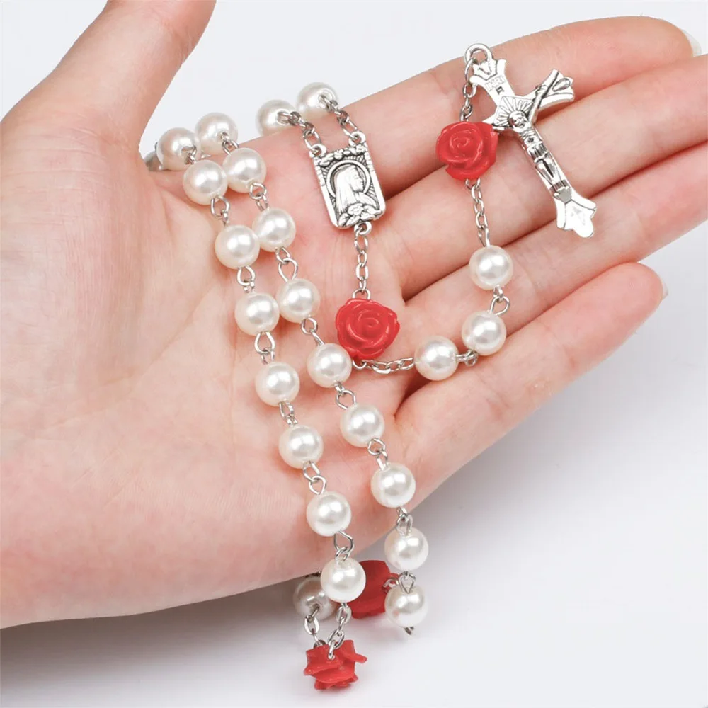 6MM Glass Beads Rosary Necklace For Women Crucifix Cross INRI Pendant Long Red Rose Chain Choker Female Religious Prayer Jewelry