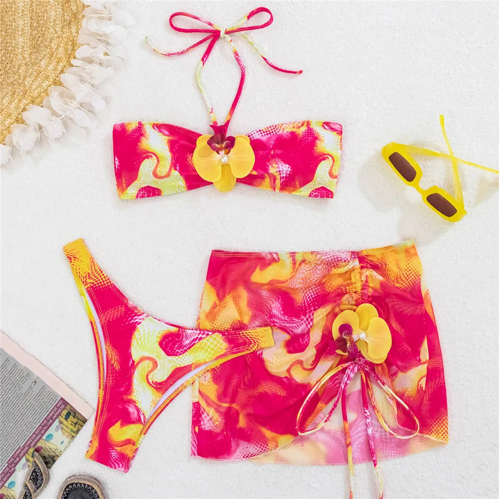

3D Flower Rose Red Bandeau Bikinis Sets 3 Pieces Sexy Swimsuit Skirt Cover Ups Women 2026 Drawstring Beach Swimwear Bikini Mujer