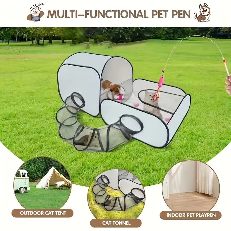 

3-In-1 Pet Playpen for Cats And Dogs with 360° Surround Tunnel. Features Soft, Breathable Mesh Fabric, No Assembly Required And