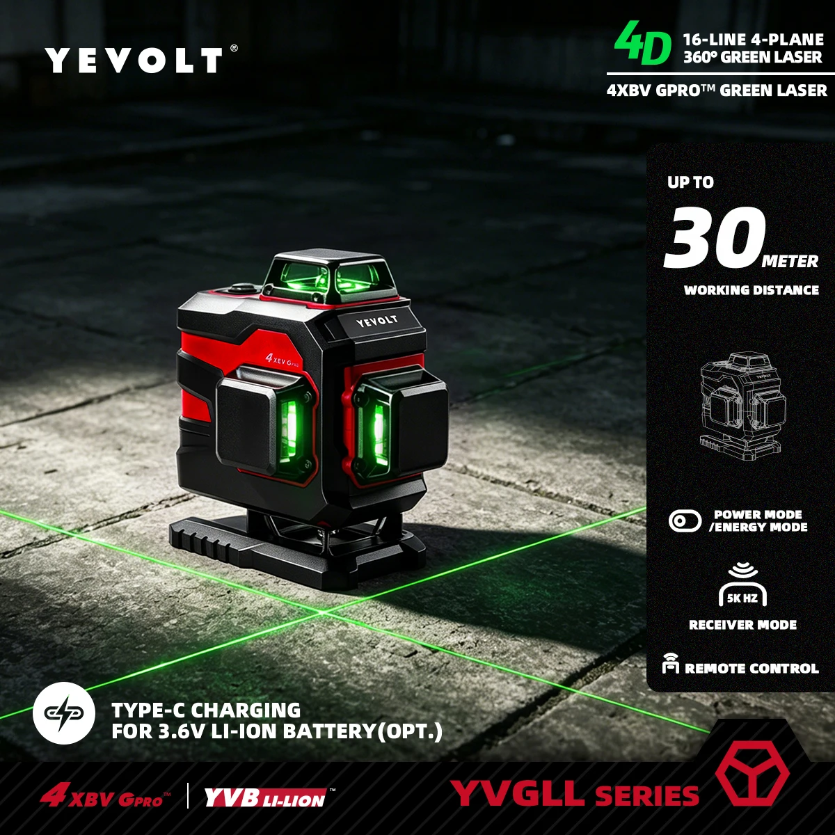 

Green Beam 16 Lines Laser Level 360 Self-Leveling 4D Cross Dual Power Supply Built-in 3000mAh Rechargeable Battery for Job Site