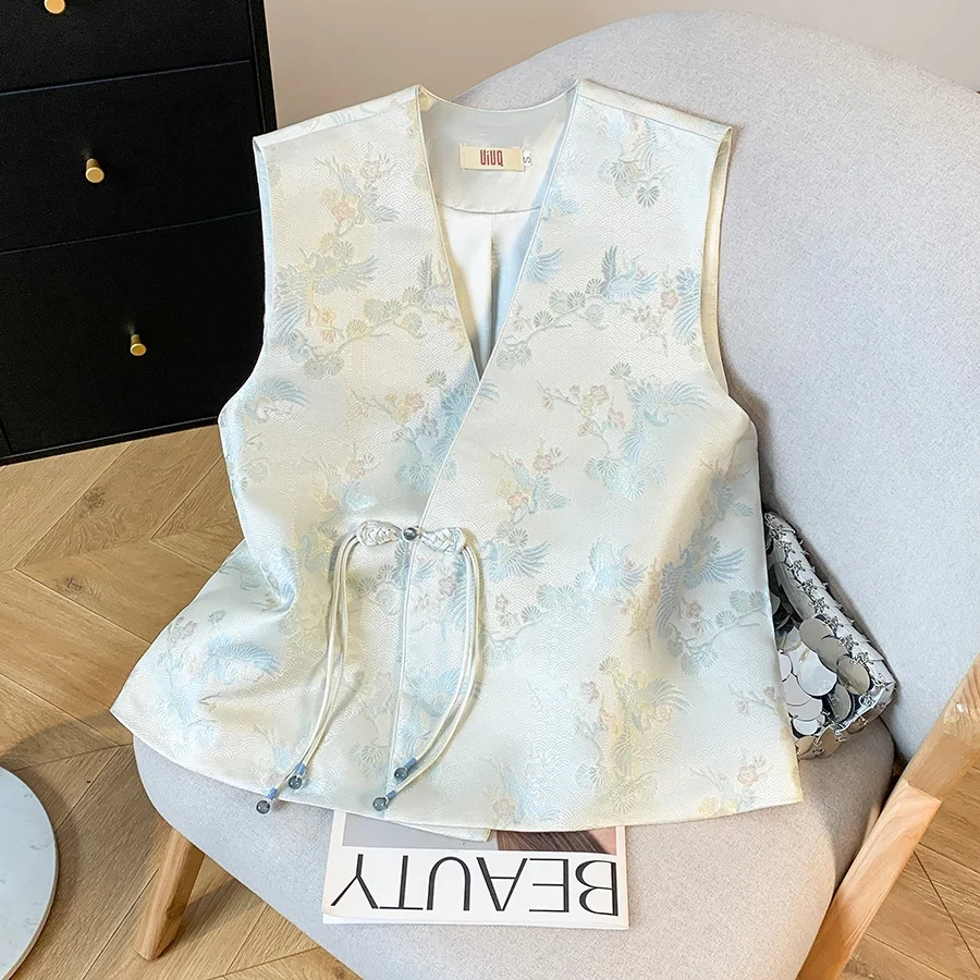 New Chinese Style Handmade Embroidered V-neck High-end Satin Jacket Loose Crane Design Polyester Fiber 100% Women's Vest