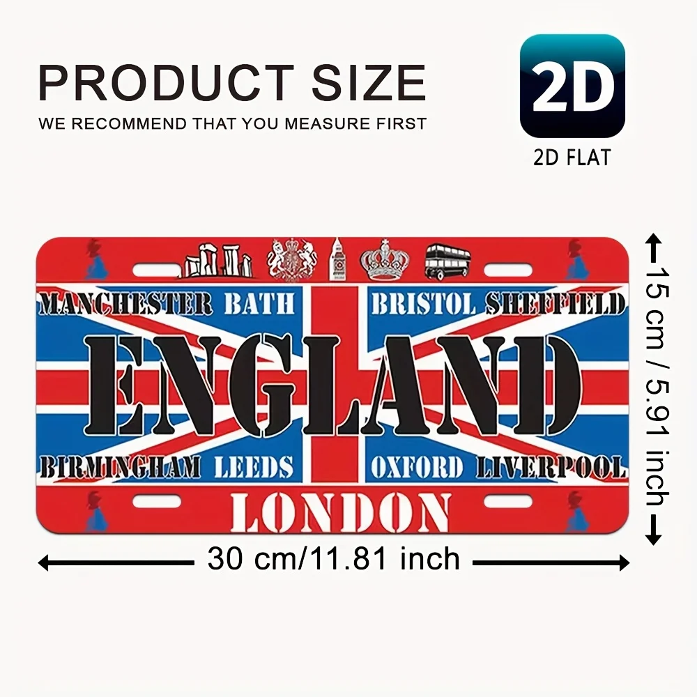 England UK City Collage & Union Jack Themed Aluminum Metal Sign 2D Flat Printing Classic License Plate Style Wall Decor for Home