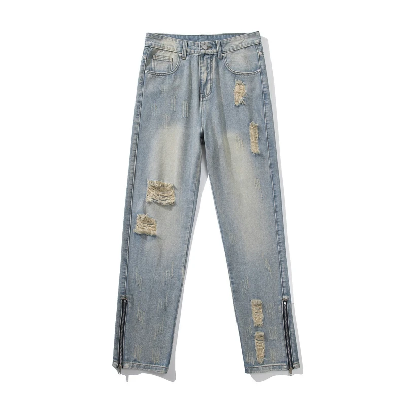 Denim Pant Men Jeans Vintage Straight Pants High Waist Distressed Hole Zipper Hem Trousers Y2k Streetwear Splice Casual Spring