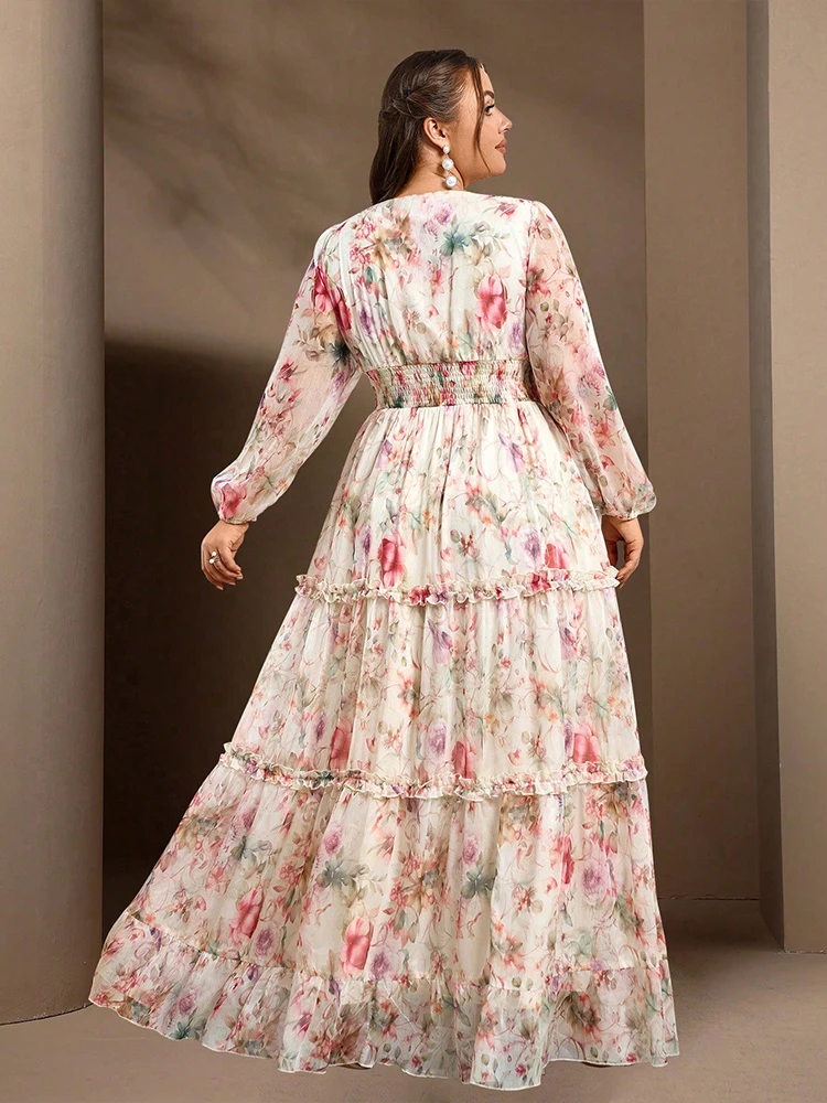 TOLEEN Middle Eastern Plus-size Spring And Summer Elegant Flower-printed Lantern Sleeve Long Dress With A Big Swing