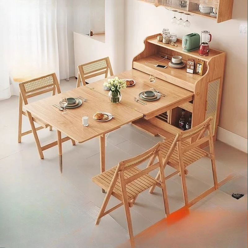 

Nordic dining table folding storage side cabinet integrated multi-functional log color invisible telescopic small apartment