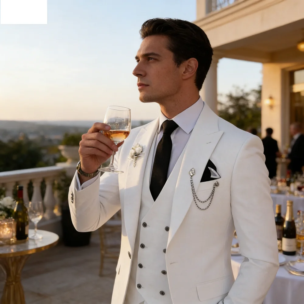 

Elegant Rose Red 3-Piece Slim Fit Men's Suit Double Breasted Blazer Vest Pants Set for Wedding Groom Tuxedo Business Party