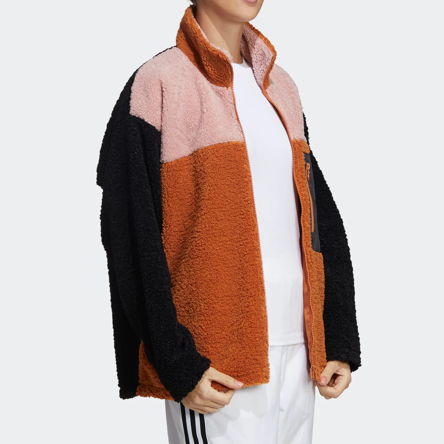 Adidas Genuine Three Leaves Women's Fleece Jacket Stand Collar Patchwork Jacket GQ1238