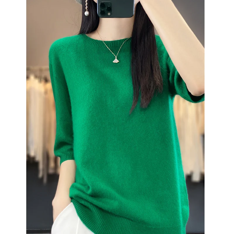 5/4 Sleeves Round Neck Solid Color Pullover Versatile Popular Blouse Spring/Summer Women's New Top