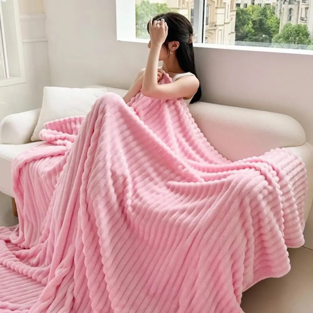 Soft Plush Throw Blanket Warm Faux Rabbit Fur Blanket Striped Fleece Blanket for Bed Ribbed Plush Throw for Couch Soft