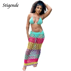 Stigende-Conjunto de Bikini Sexy de tres piezas para mujer, conjunto de falda de playa de malla de rejilla de punto con cubierta