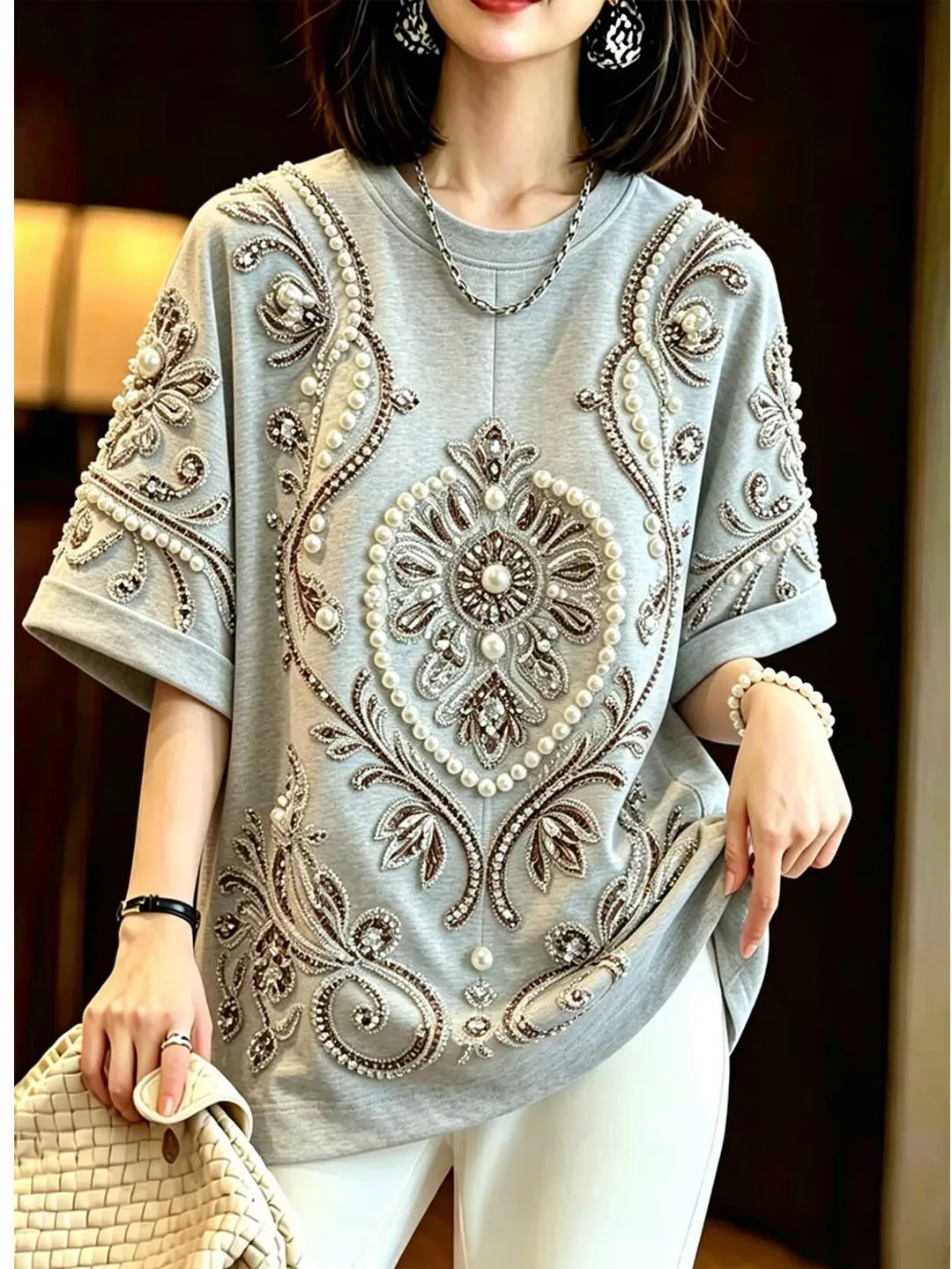 plus Size Luxury Heavy Duty Short Sleeve Women's Loose round Neck High-End Feeling Summer New Style T-Shirt Korean Style Commute