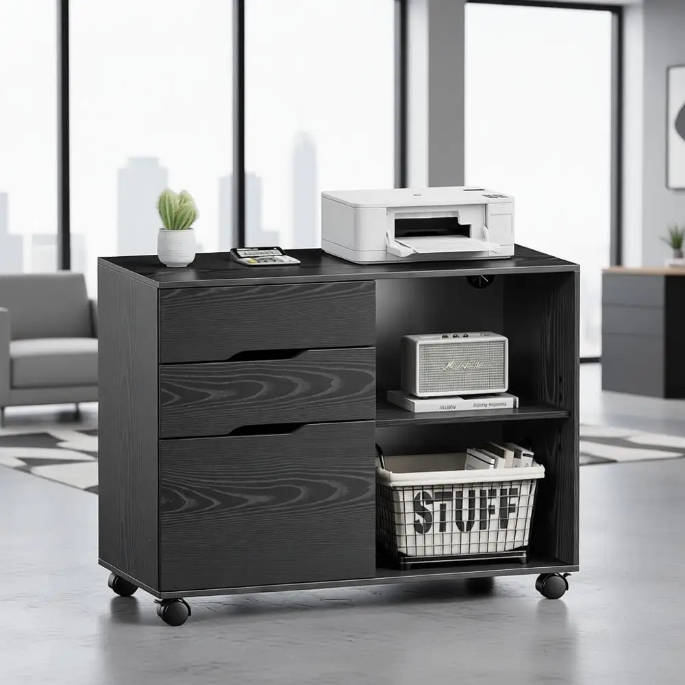 

Under Desk 3-Drawer Rolling File Cabinet with Adjustable Shelves, Printer Stand, and Wheels for Home Office, Black